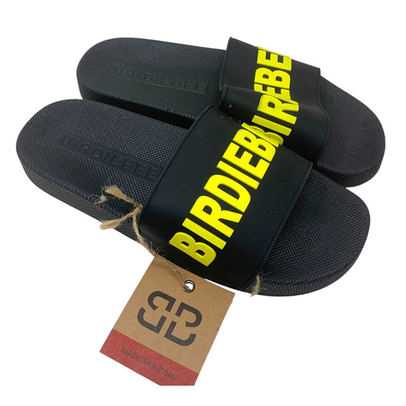 NEW Birdibee Double BB Women's Sz 8 Black Rubber Spellout Slide Pool Sandals NWT - Picture 2 of 8